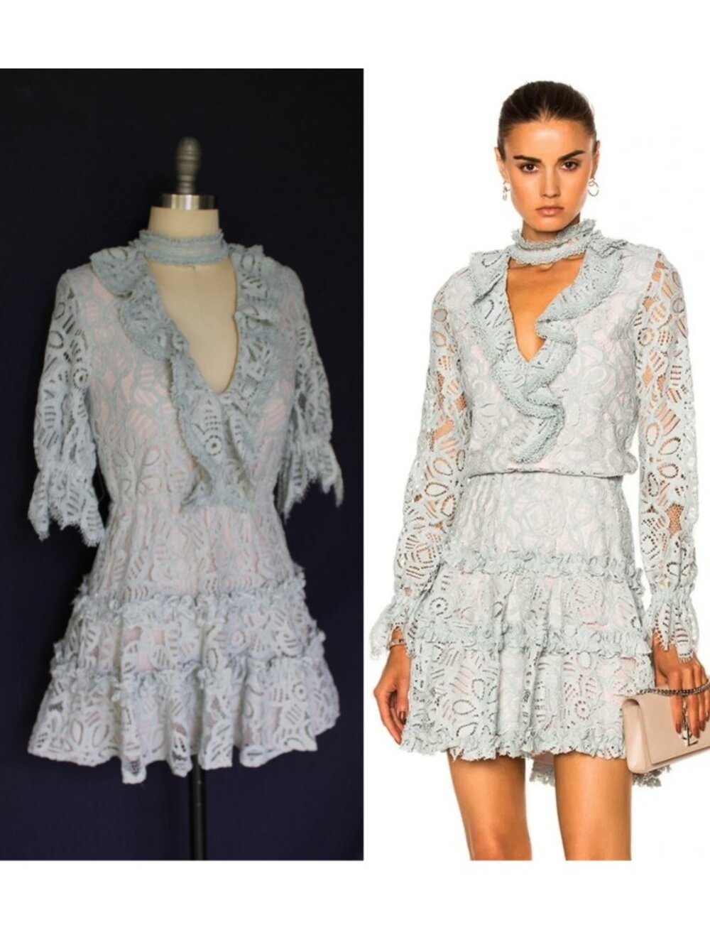 ALEXIS Catalina Dress Blue crochet Lace Tiered Ruffle Choker mini tunic XS $615